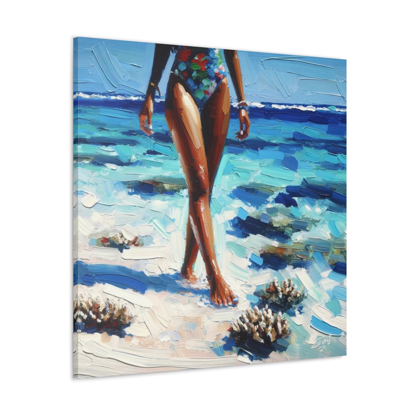 Art Print, Caribbean Woman, "Strolling on the Beach" Oil Finish, West Indian Ethnicity, Cultural, Heritage, Abstract, Canvas Gallery Wrap