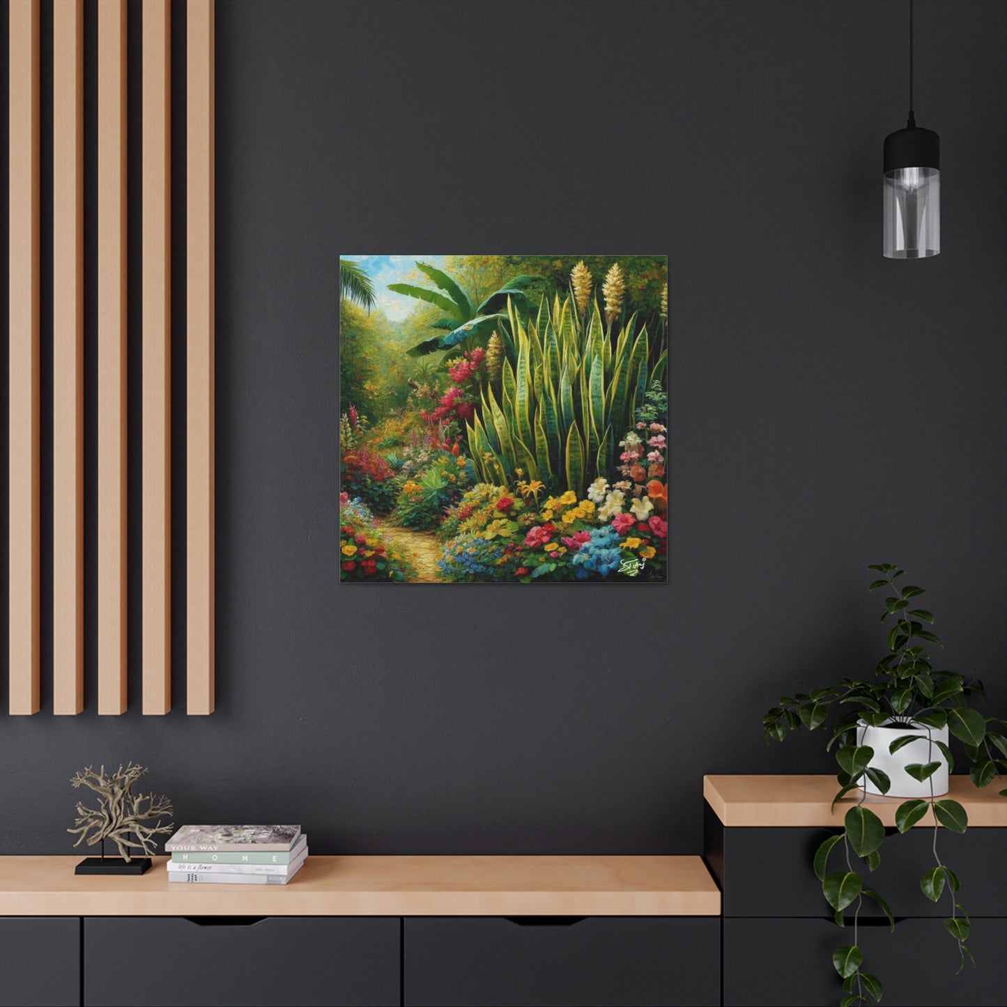 Art Print of Snake Plant in Tropical Flower Garden, Oil Finish, West Indian Art, Canvas Gallery Wraps