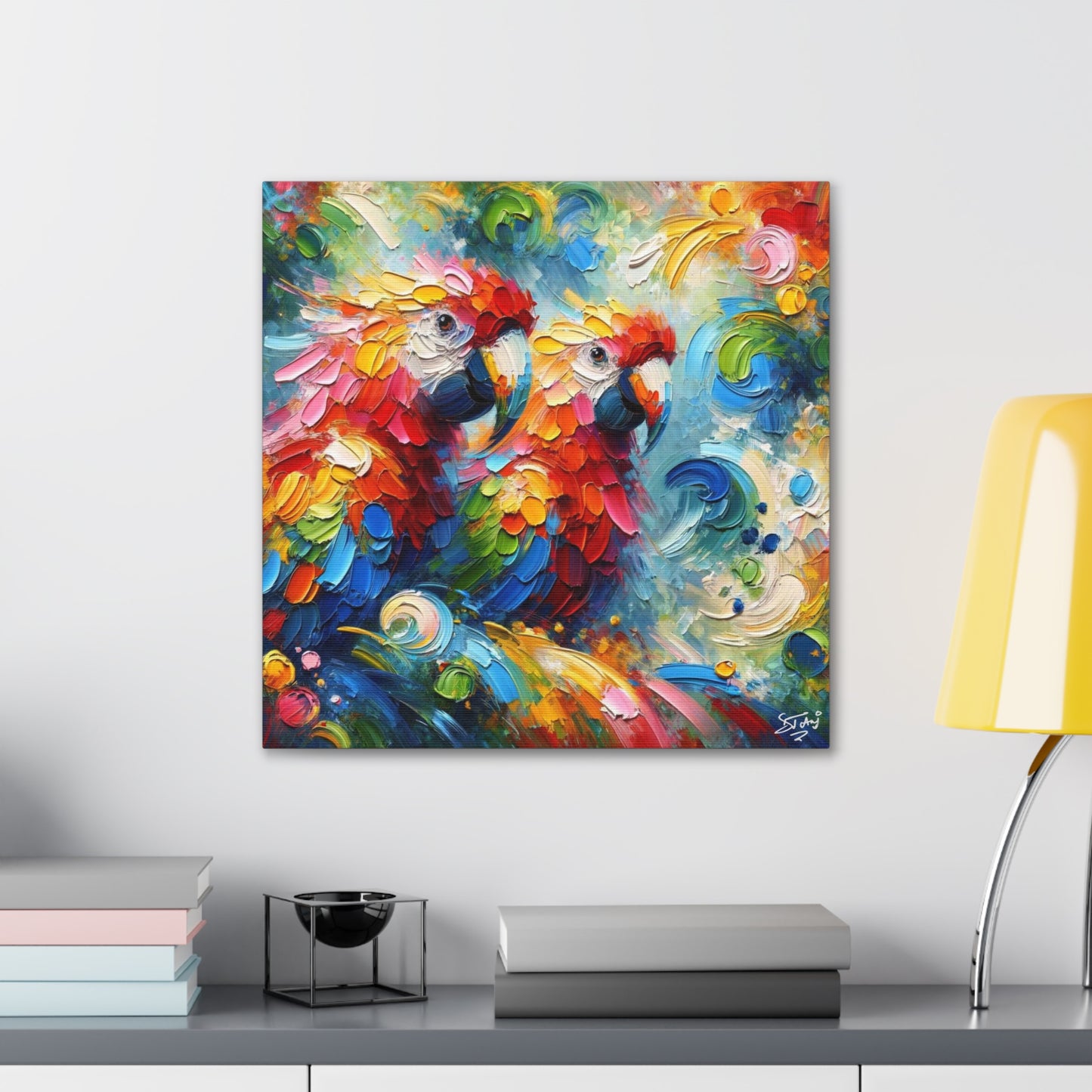 Art Print, The Parrots, Oil Finish, Caribbean Nature, Cultural, Heritage, Semi-Abstract, Canvas Gallery Wrap