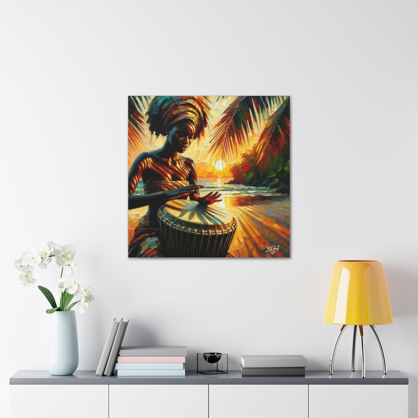 Art Print, Afro-Caribbean Woman, "Drumming" Oil Finish, West Indian Ethnicity, Cultural, Heritage, Abstract, Canvas Gallery Wrap