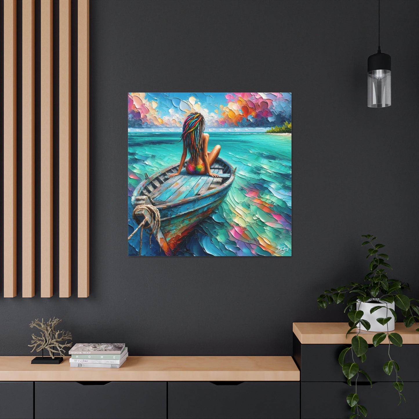 Art Print, Caribbean Woman "Chilling in the Boat" Oil Finish, West Indian Ethnicity, Cultural, Heritage, Semi-Abstract, Canvas Gallery Wrap