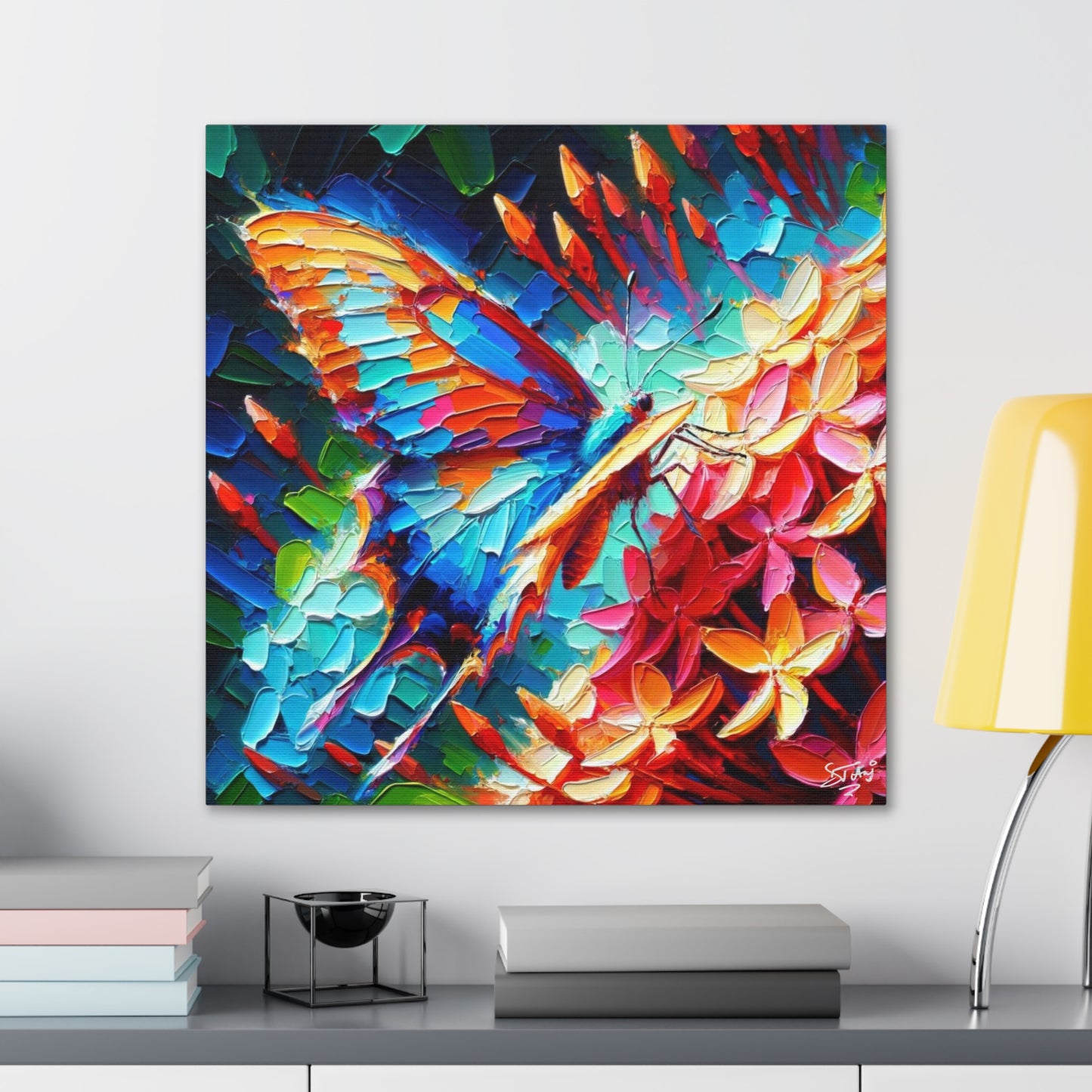 Art Print, Butterfly on Ixoras, Oil Finish, Caribbean Nature, Cultural, Heritage, Semi-Abstract, Canvas Gallery Wrap