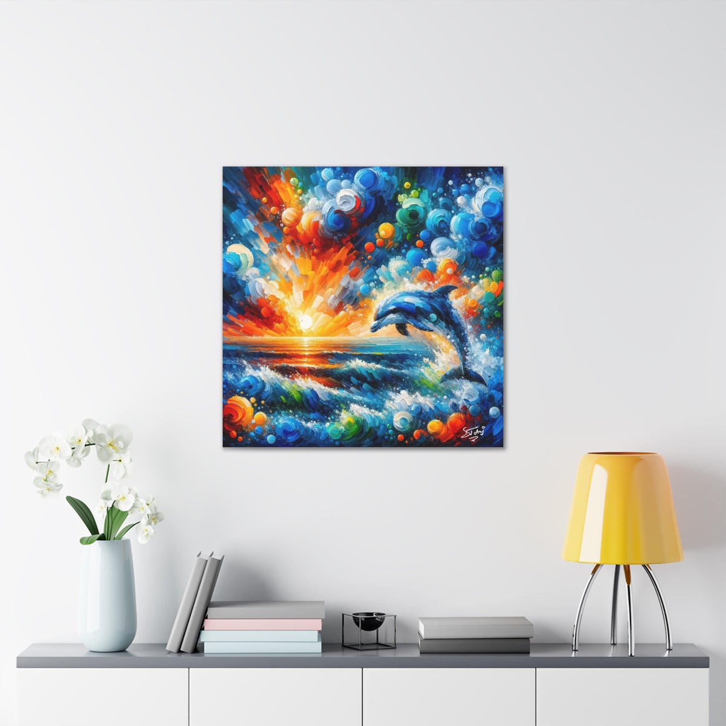 Art Print, Dolphin at Sunset, Abstract Oil Finish, Caribbean Nature, Canvas Gallery Wrap