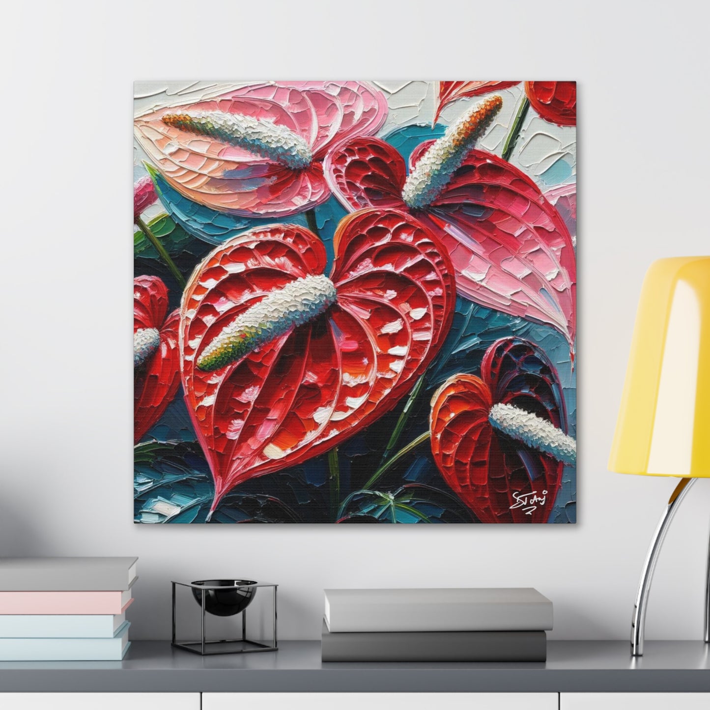 Art Print of Anthurium Flowers, Oil Finish, West Indian Art, Canvas Gallery Wraps