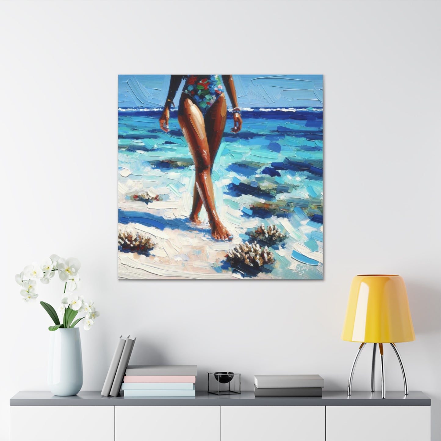 Art Print, Caribbean Woman, "Strolling on the Beach" Oil Finish, West Indian Ethnicity, Cultural, Heritage, Abstract, Canvas Gallery Wrap