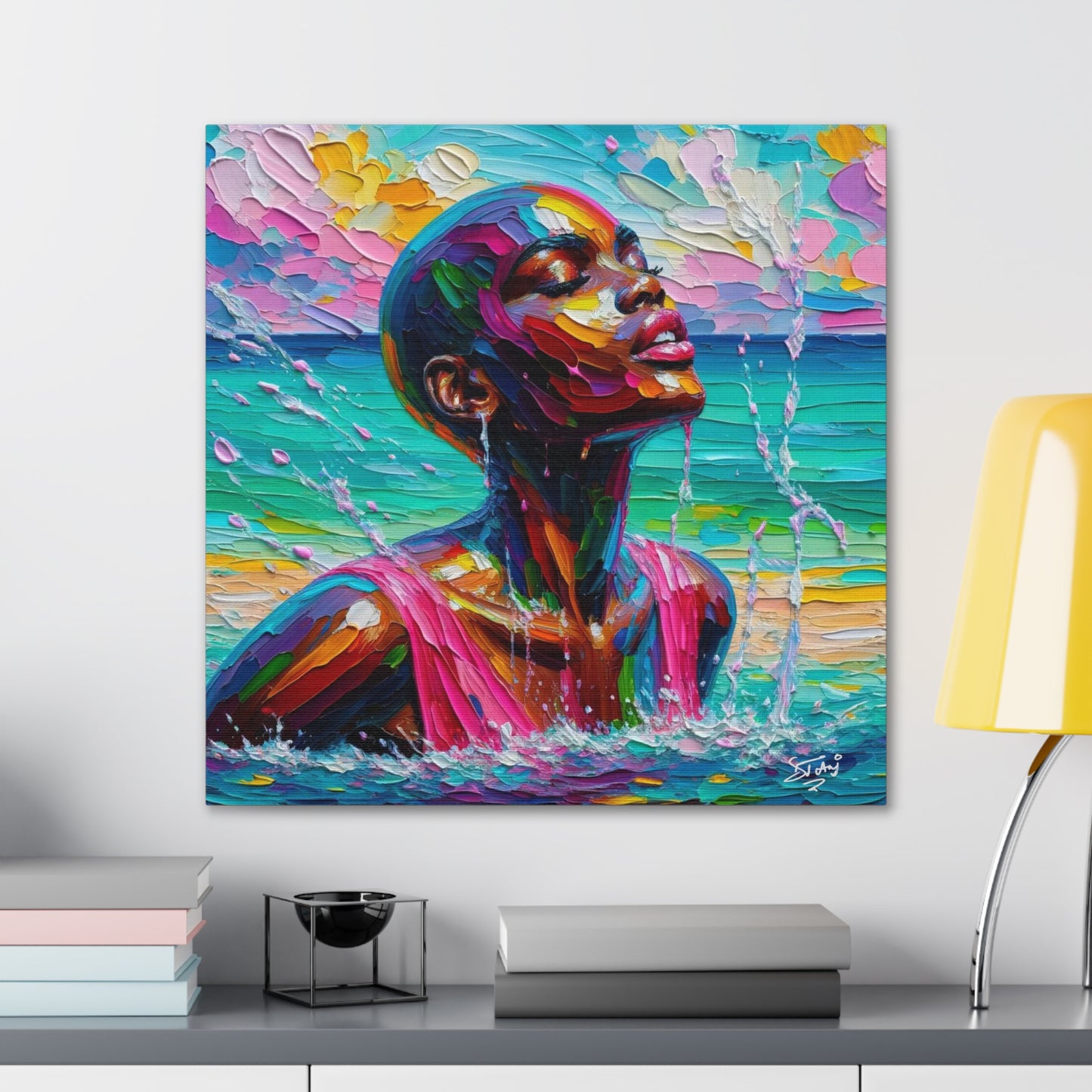 Art Print, Afro-Caribbean Woman, "Sea Bath" Abstract, Oil Finish, West Indian Ethnicity, Cultural, Heritage, Abstract, Canvas Gallery Wrap