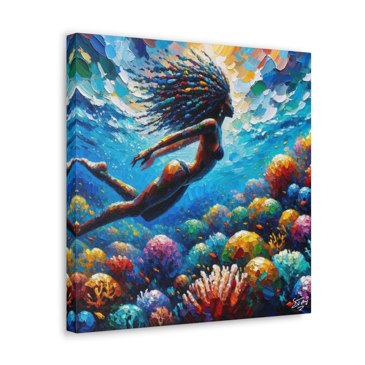 Art Print, Afro-Caribbean Woman, "Under Water" Oil Finish, West Indian Ethnicity, Cultural, Heritage, Abstract, Canvas Gallery Wrap