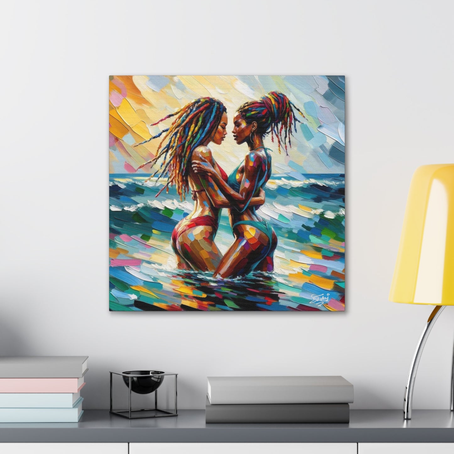 Art Print, Caribbean Couple, "In Our World" Semi-Abstract Oil Finish, West Indian Ethnicity, Cultural, Heritage, Abstract, Canvas Gallery Wrap