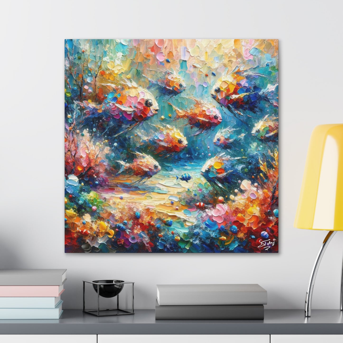 Art Print, Fishes in Coral Reef, Oil Finish, Caribbean Nature, Semi-Abstract, Canvas Gallery Wrap