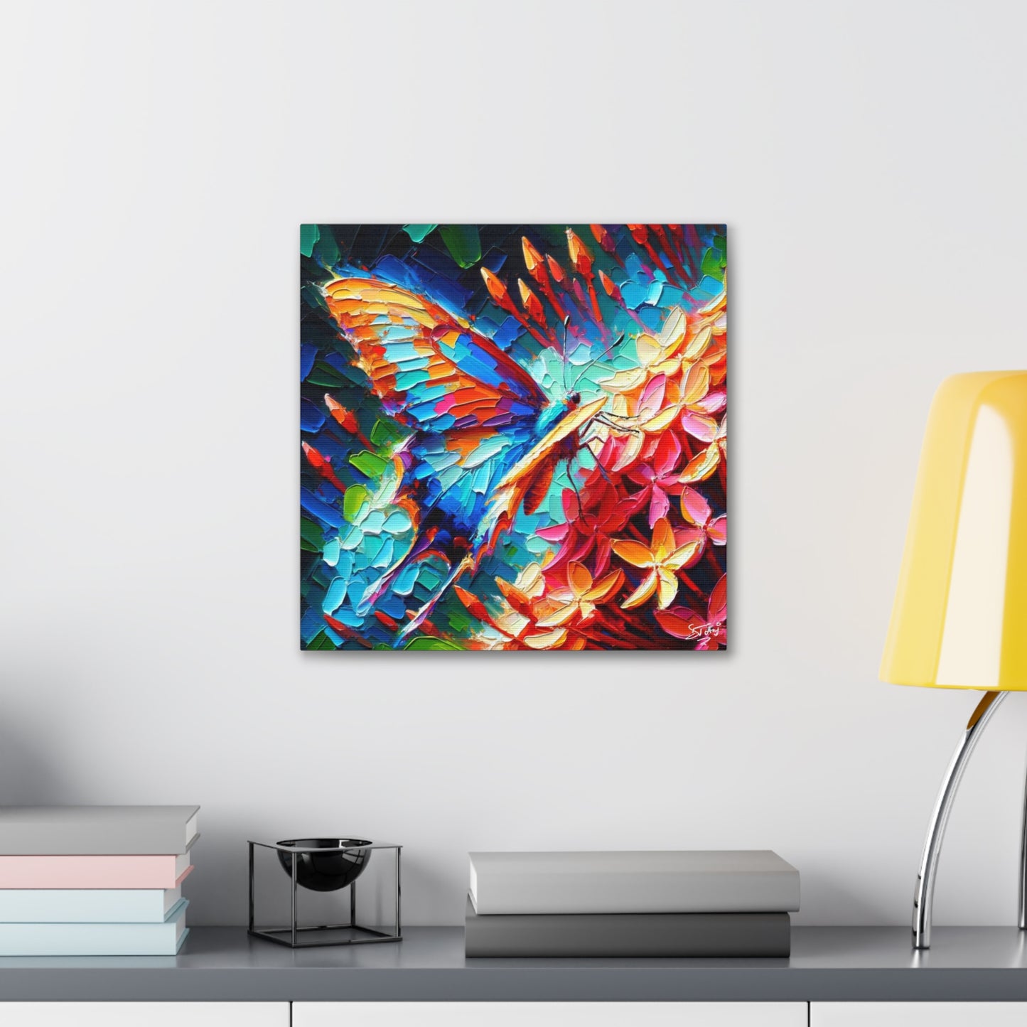 Art Print, Butterfly on Ixoras, Oil Finish, Caribbean Nature, Cultural, Heritage, Semi-Abstract, Canvas Gallery Wrap