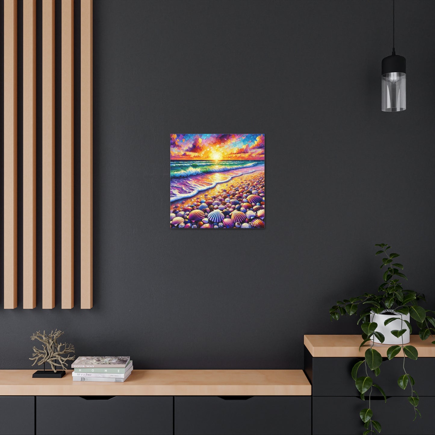 Art Print, Seashell, Caribbean Sunset Beach Scene, Abstract, Oil Painting, West Indian Art, Canvas Gallery Wraps