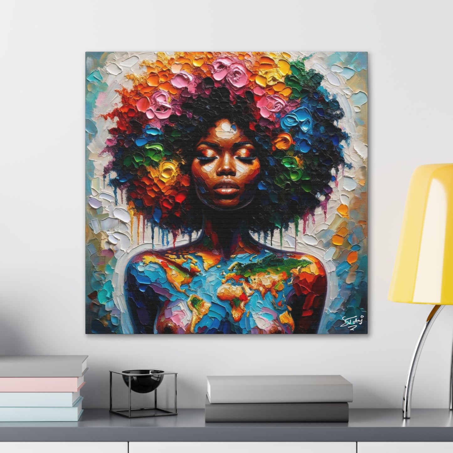 Art Print, Caribbean Woman "World Unity" Oil Finish, West Indian Ethnicity, Cultural, Heritage, Semi-Abstract, Canvas Gallery Wrap