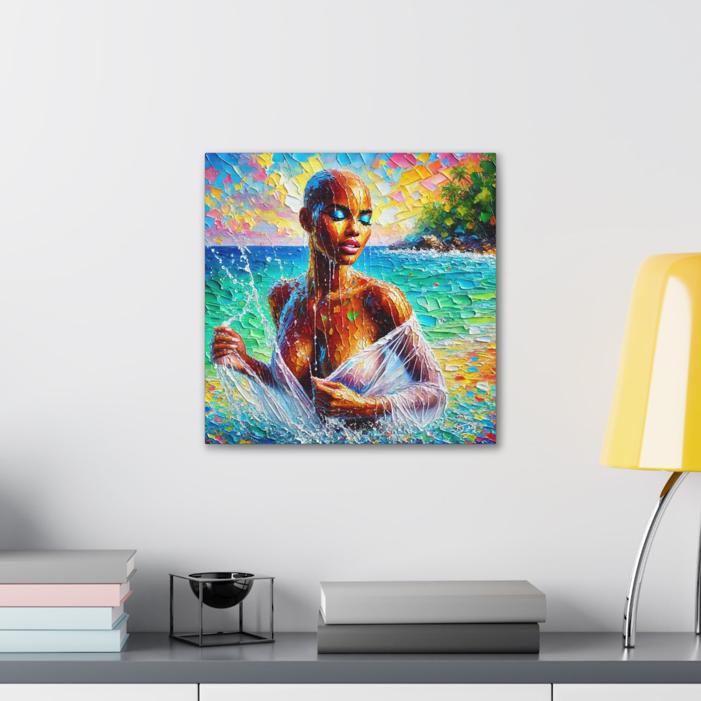 Art Print, Afro-Caribbean Woman, "Sea Bath" Abstract, Oil Finish, West Indian Ethnicity, Cultural, Heritage, Abstract, Canvas Gallery Wrap