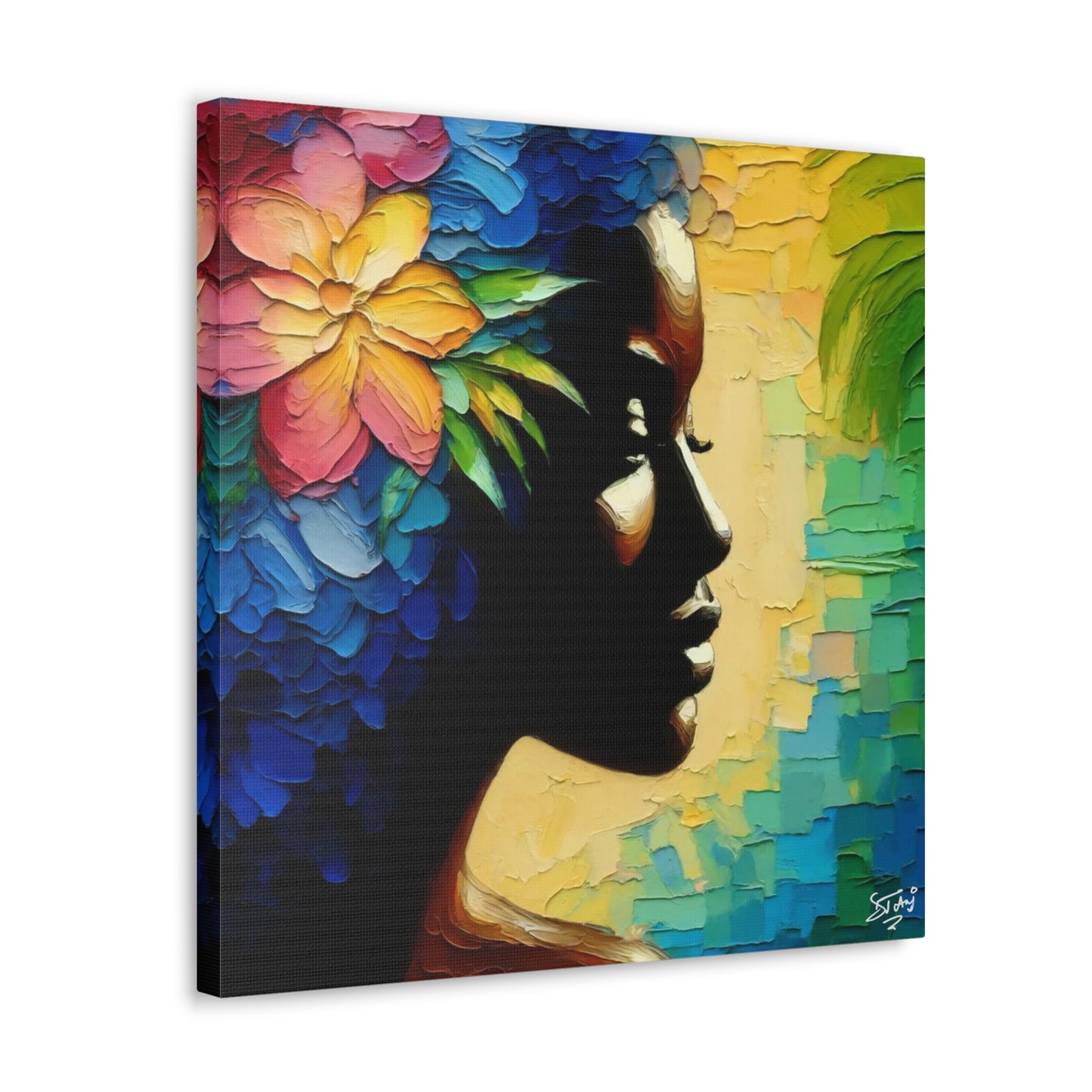 Art Print, Afro-Caribbean Woman "Deep in Thought" Oil Finish, West Indian Ethnicity, Cultural, Heritage, Semi-Abstract, Canvas Gallery Wrap