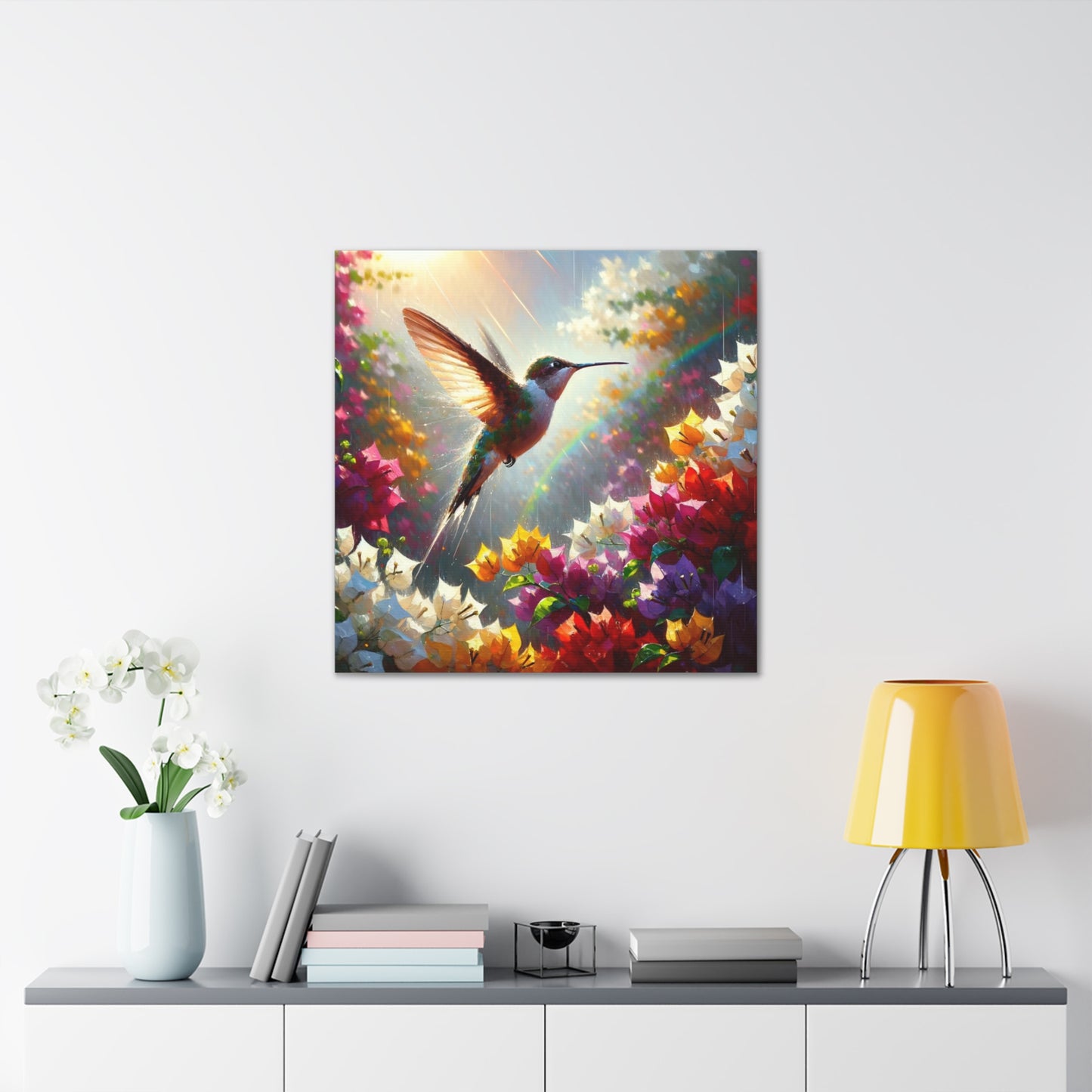 Art Print#3 of Hummingbird in Flight...in the Sun and Rain, Bougainvillea, Caribbean, Oil Finish, West Indian Art, Canvas Gallery Wraps