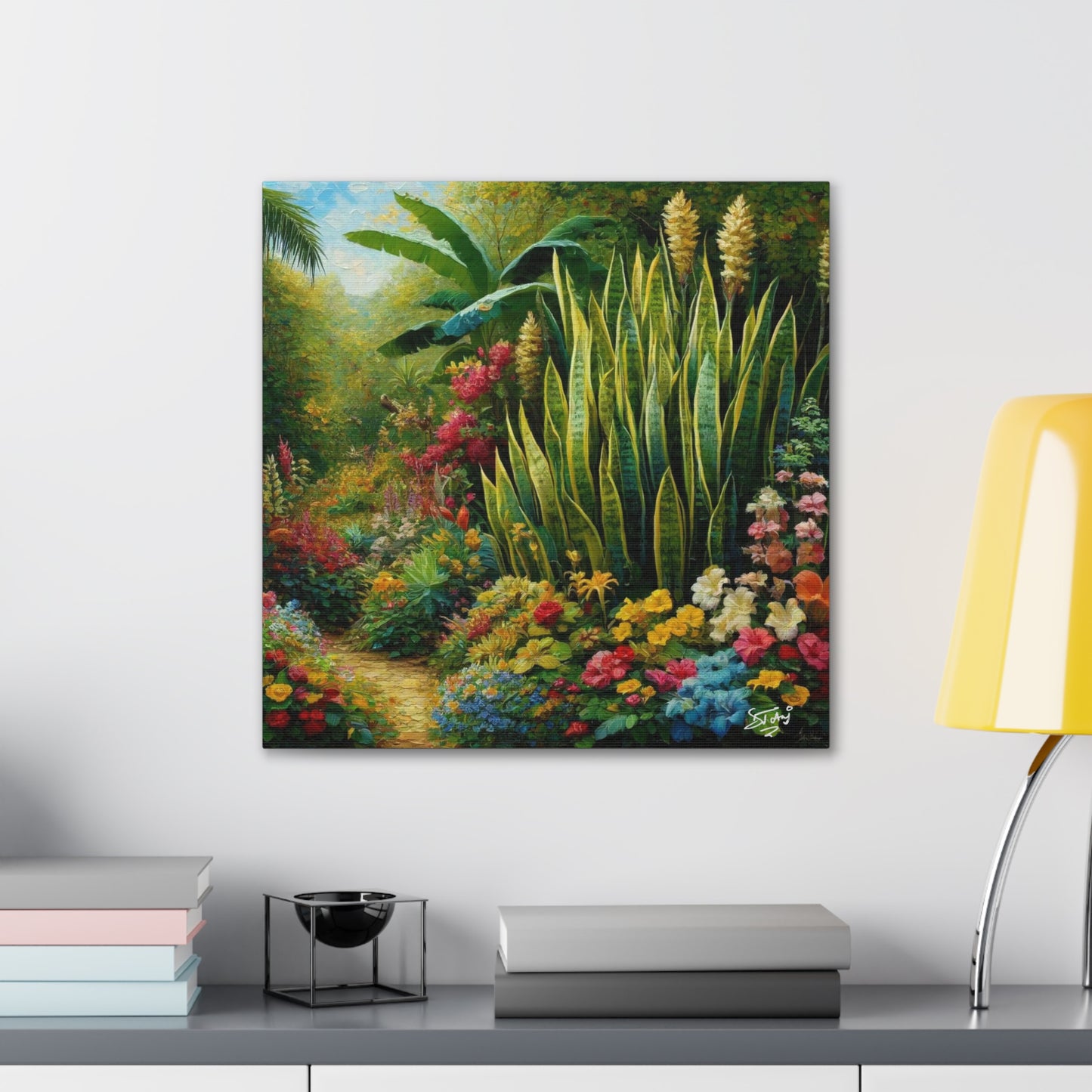 Art Print of Snake Plant in Tropical Flower Garden, Oil Finish, West Indian Art, Canvas Gallery Wraps