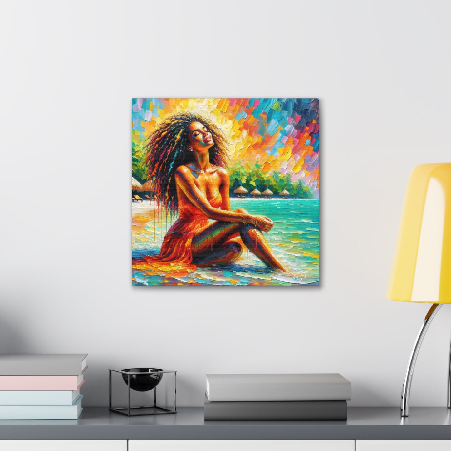 Art Print, Indo-Caribbean Woman, "Chilling on the Beach" Oil Finish, West Indian Ethnicity, Cultural, Heritage, Abstract, Canvas Gallery Wrap