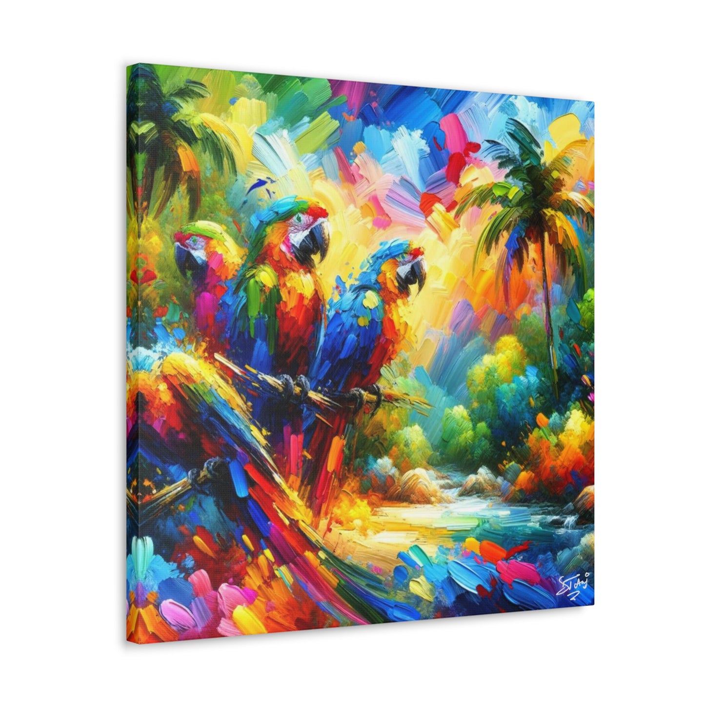 Art Print, The Parrots, Oil Finish, Caribbean Nature, Cultural, Heritage, Semi-Abstract, Canvas Gallery Wrap