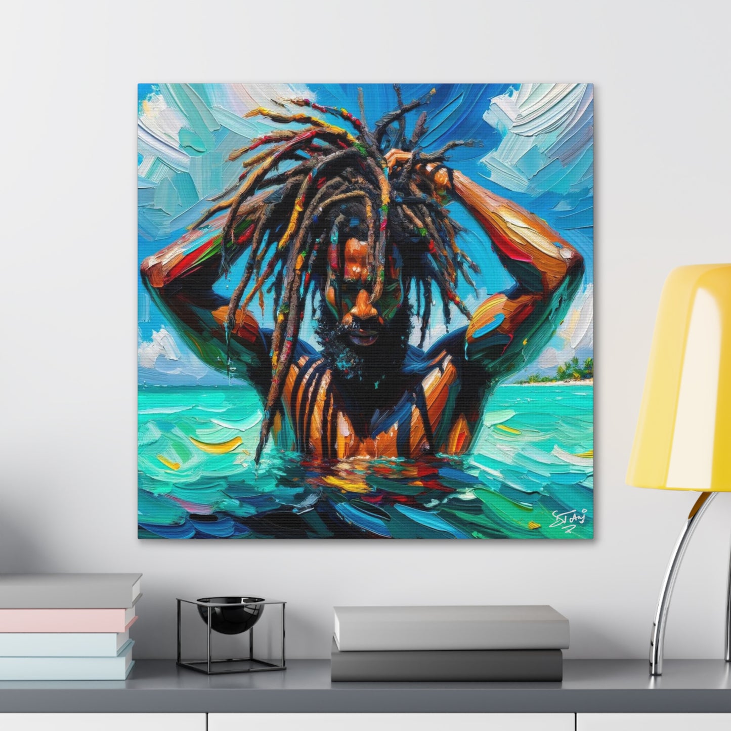 Art Print, Afro-Caribbean Man with Dreadlocks, Oil Finish, West Indian Ethnicity, Cultural, Heritage, Semi-Abstract, Canvas Gallery Wrap