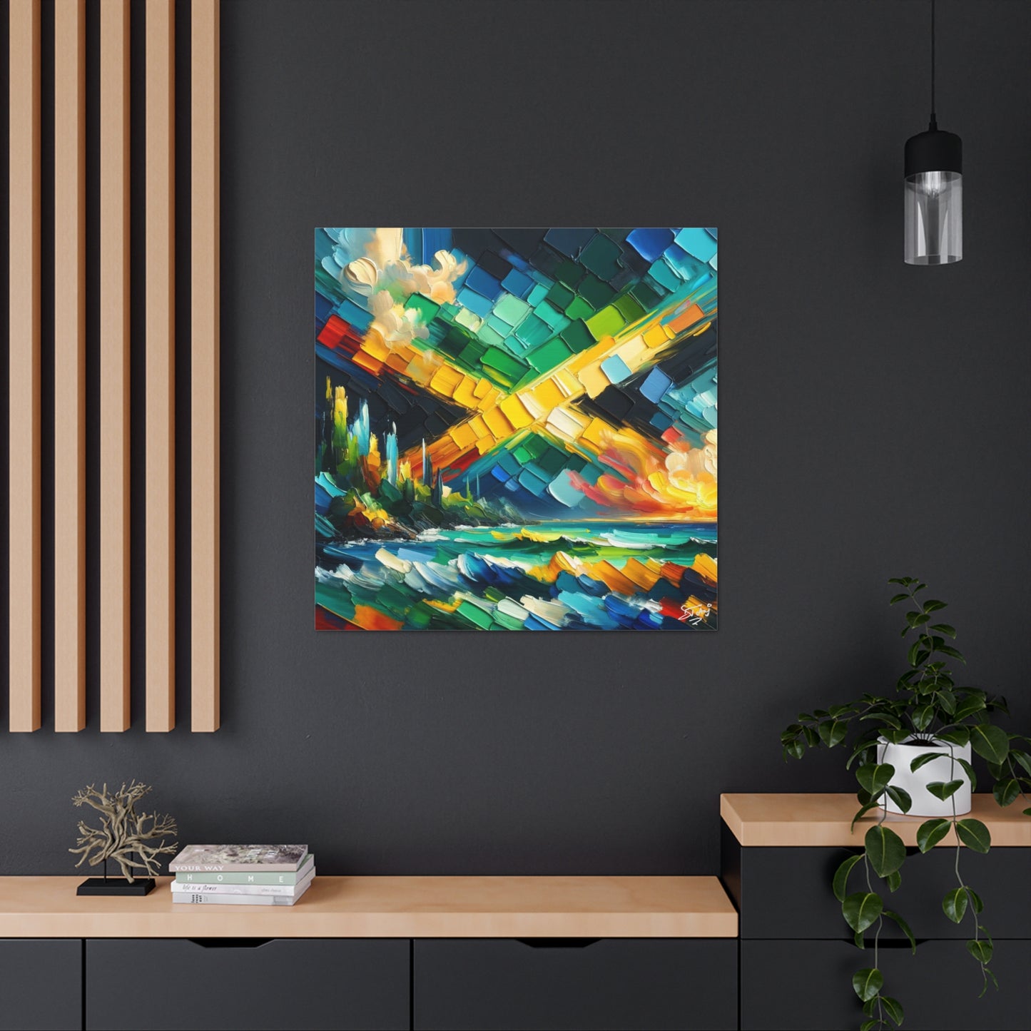 Art Print, Jamaica Abstract Scene, Oil Finish, Unity, One Love, Semi-Abstract, Canvas Gallery Wrap