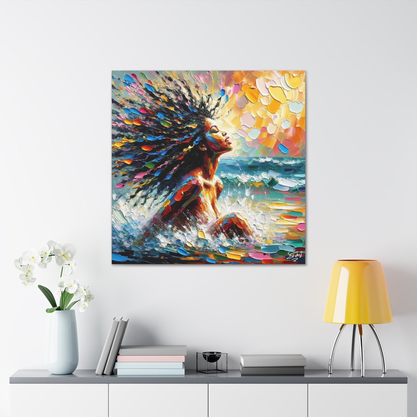 Art Print, Afro-Caribbean Woman, "Enjoying the Sunset" Abstract, Oil Finish, West Indian Ethnicity, Cultural, Heritage, Abstract, Canvas Gallery Wrap