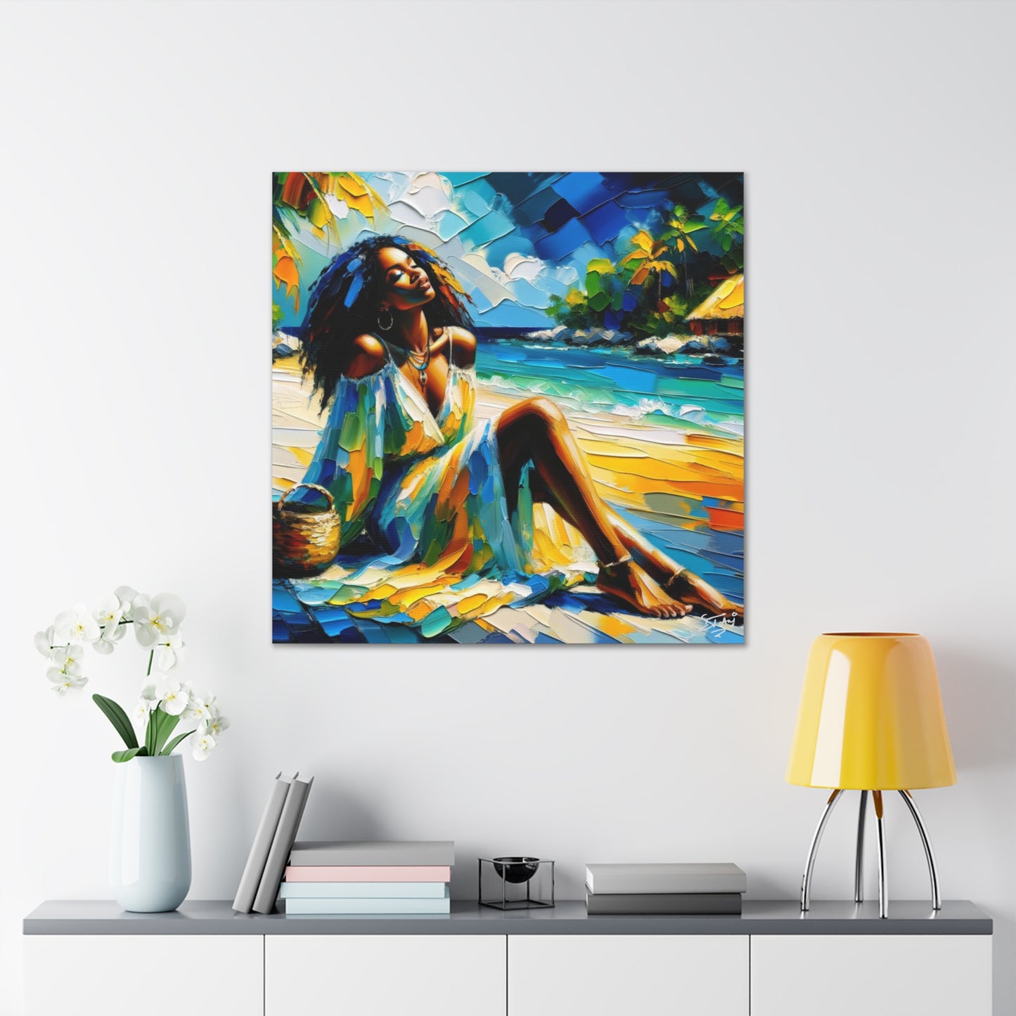 Art Print, Afro-Caribbean Woman, "Relaxing" Oil Finish, West Indian Ethnicity, Cultural, Heritage, Abstract, Canvas Gallery Wrap