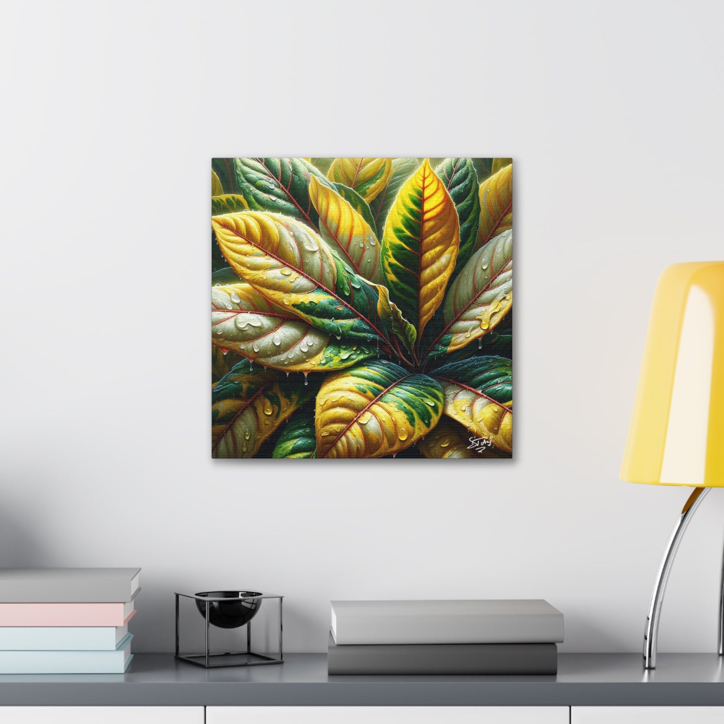 Oil Print of Croton Plant, Close-up, Still Wet from Recent Rain, Caribbean, Tropical Plant, Canvas Gallery Wraps