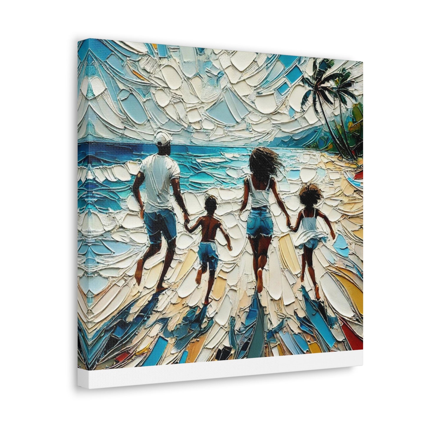 Art Print, Afro-Caribbean Family "Running on the Beach," Oil Finish, West Indian Ethnicity, Cultural, Heritage, Semi-Abstract, Canvas Gallery Wrap