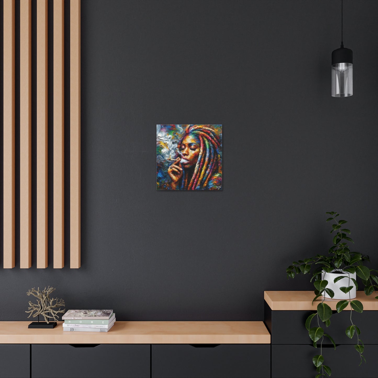 Art Print of Rasta-Woman Smoking, Oil Finish, West Indian Ethnicity, Cultural, Heritage, Afro-Caribbean Man, Semi-Abstract, Canvas Gallery Wrap