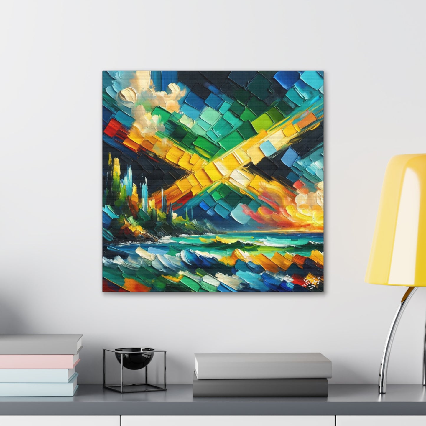 Art Print, Jamaica Abstract Scene, Oil Finish, Unity, One Love, Semi-Abstract, Canvas Gallery Wrap