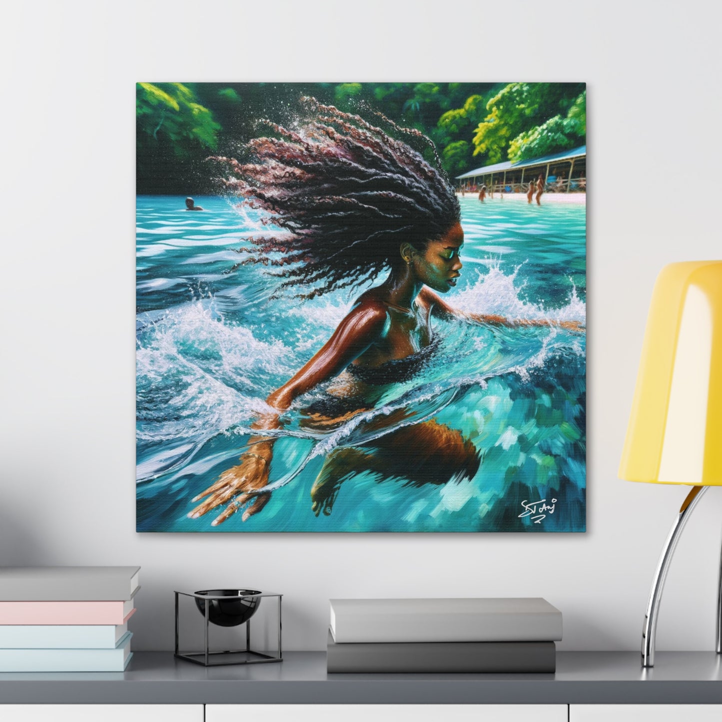 Art Print, Afro-Caribbean Woman, "Sea Bath" Abstract, Oil Finish, West Indian Ethnicity, Cultural, Heritage, Abstract, Canvas Gallery Wrap