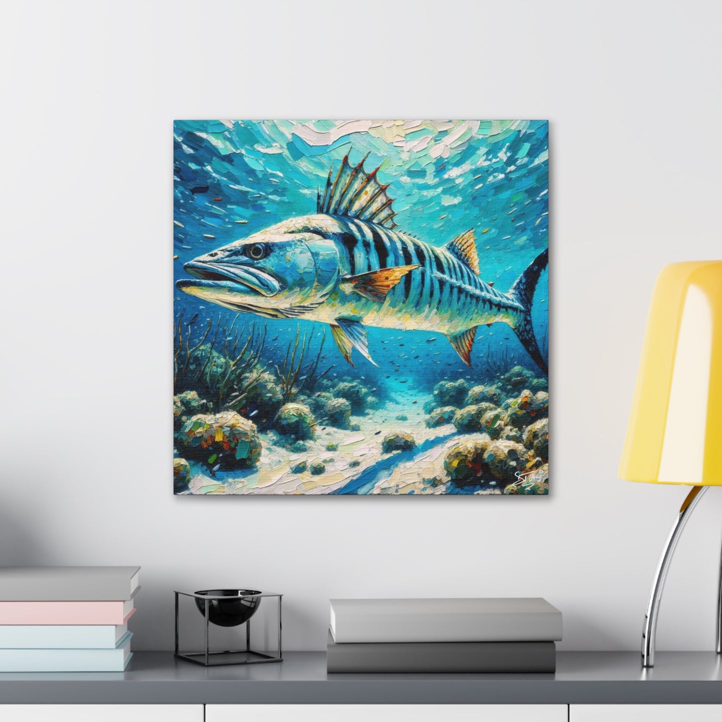 Art Print, Great Barracuda, Oil Finish, Caribbean Nature, Canvas Gallery Wrap