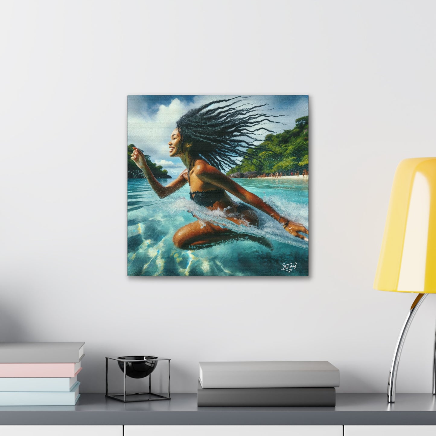 Art Print, Caribbean Woman, "Sea Bath" Abstract, Oil Finish, West Indian Ethnicity, Cultural, Heritage, Abstract, Canvas Gallery Wrap