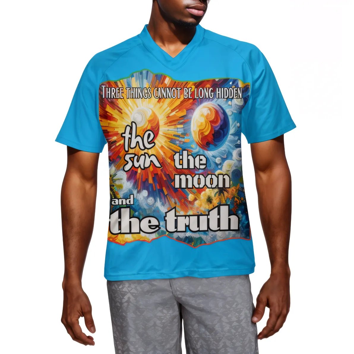 Men's V-Neck Polyester T-Shirt "The Sun, The Moon, The Truth"