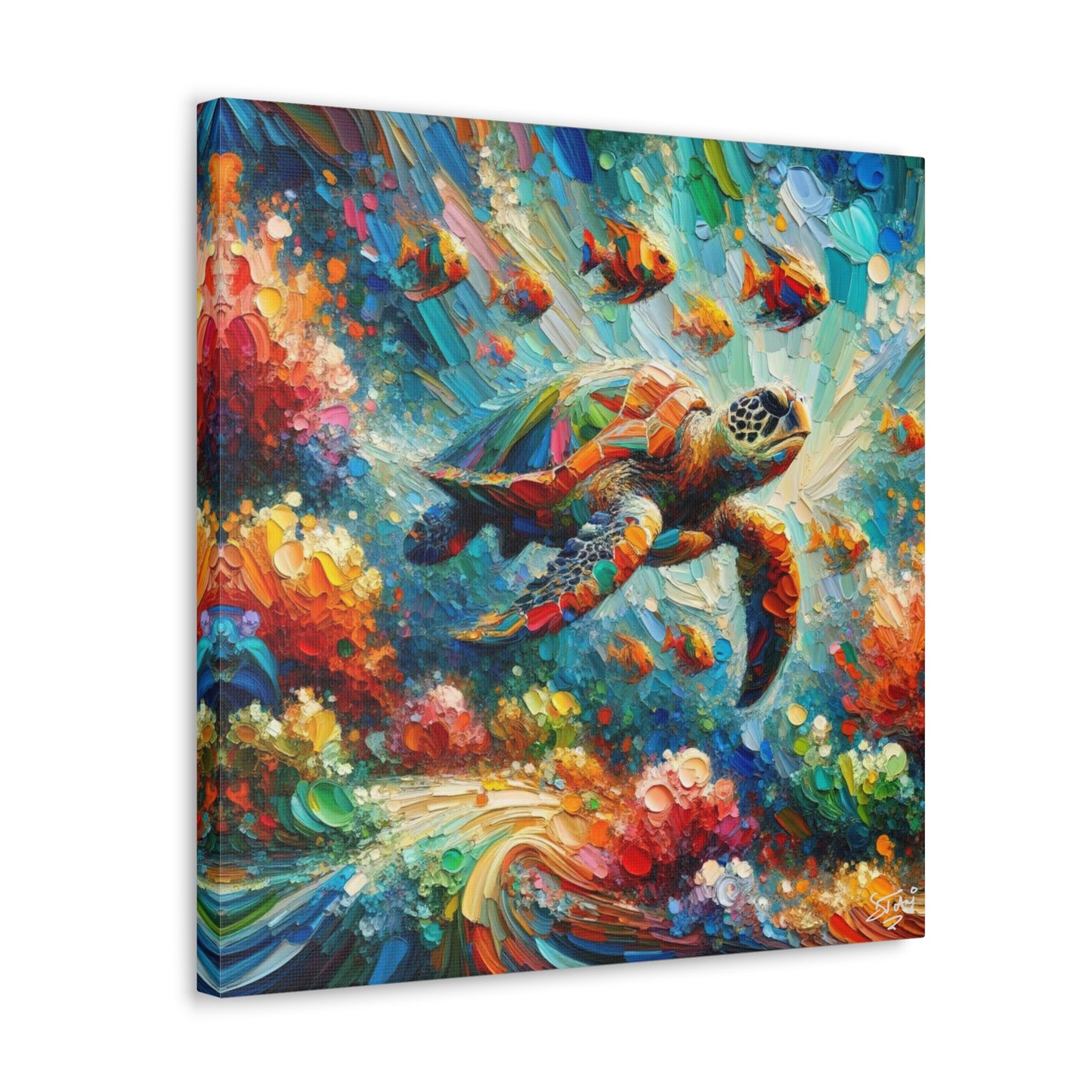 Art Print, Turtle & Fish in Reef, Oil Finish, Caribbean Nature, Cultural, Heritage, Semi-Abstract, Canvas Gallery Wrap