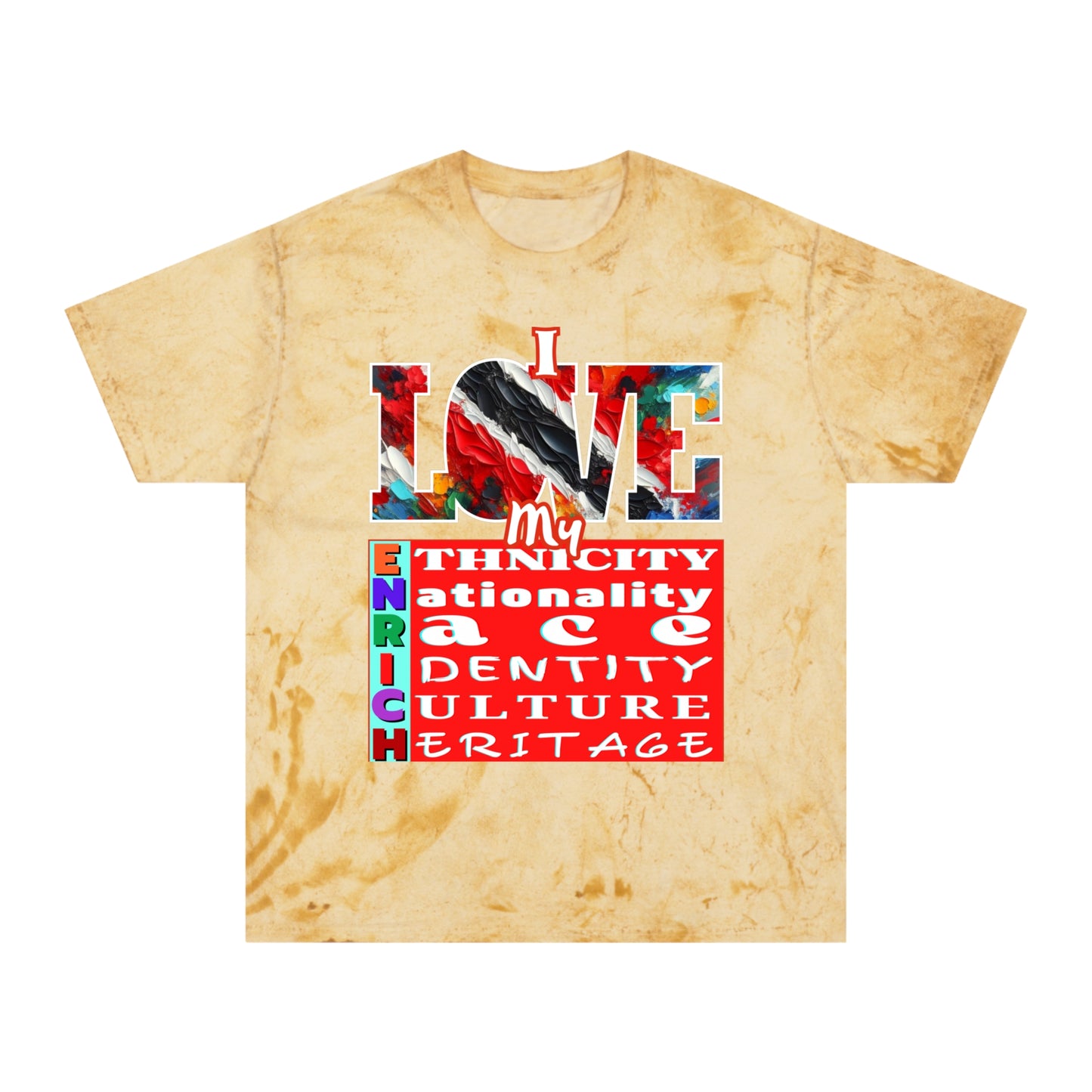 Unisex Color Blast T-Shirt "I Love My ENRICH" Trinidad Unity, Anti-Racism, One Love, Inclusion Diversity, Immigrant Outsiders, Togetherness, FashionWithPurpose, Conscious Clothing, Cultural Identity, Black Inspiration Empowerment