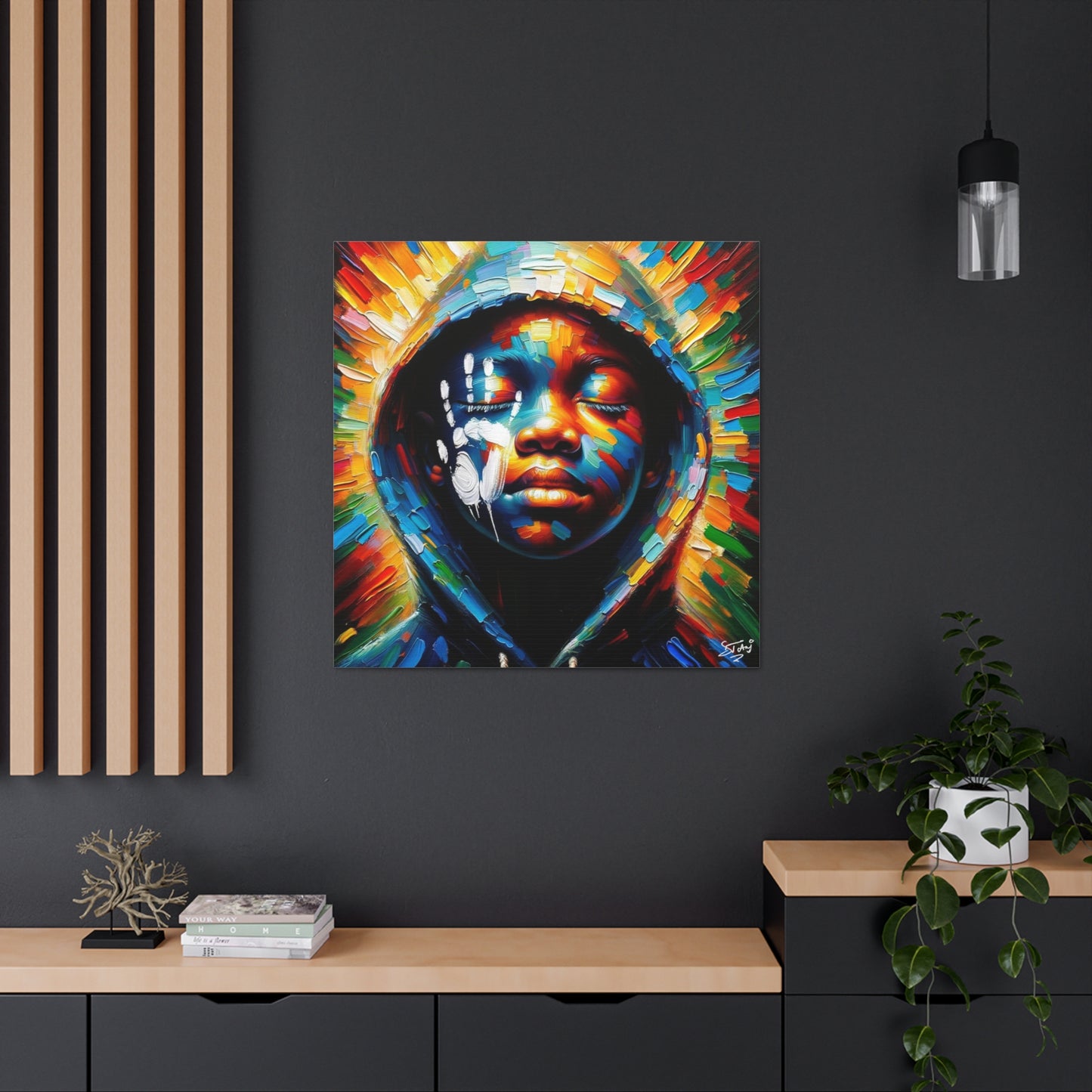 Art Print, Afro-Caribbean Boy "The Resistance," Oil Finish, West Indian Ethnicity, Cultural, Heritage, Semi-Abstract, Canvas Gallery Wrap