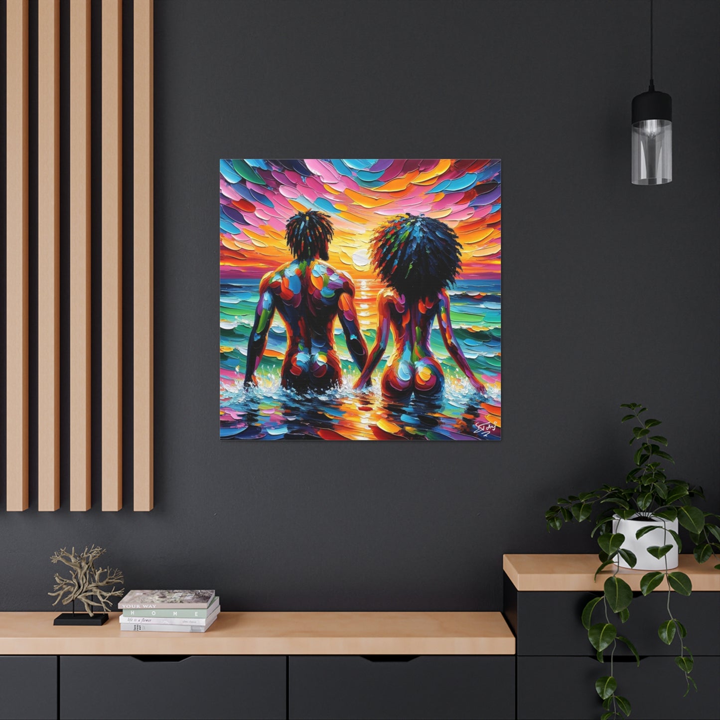 Art Print, Afro-Caribbean Couple "Skinny Dipping," Oil Finish, West Indian Ethnicity, Cultural, Heritage, Semi-Abstract, Canvas Gallery Wrap