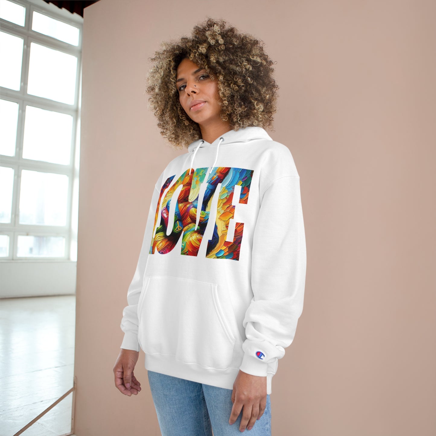 Champion Hoodie, "Peace & Love" Inclusion, Anti-Racism, Racial Justice, One Love, Unity, Diversity, Immigrant Outsiders, Caribbean Culture, FashionWithPurpose, ConsciousClothing, Cultural Identity, Black Inspiration Empowerment