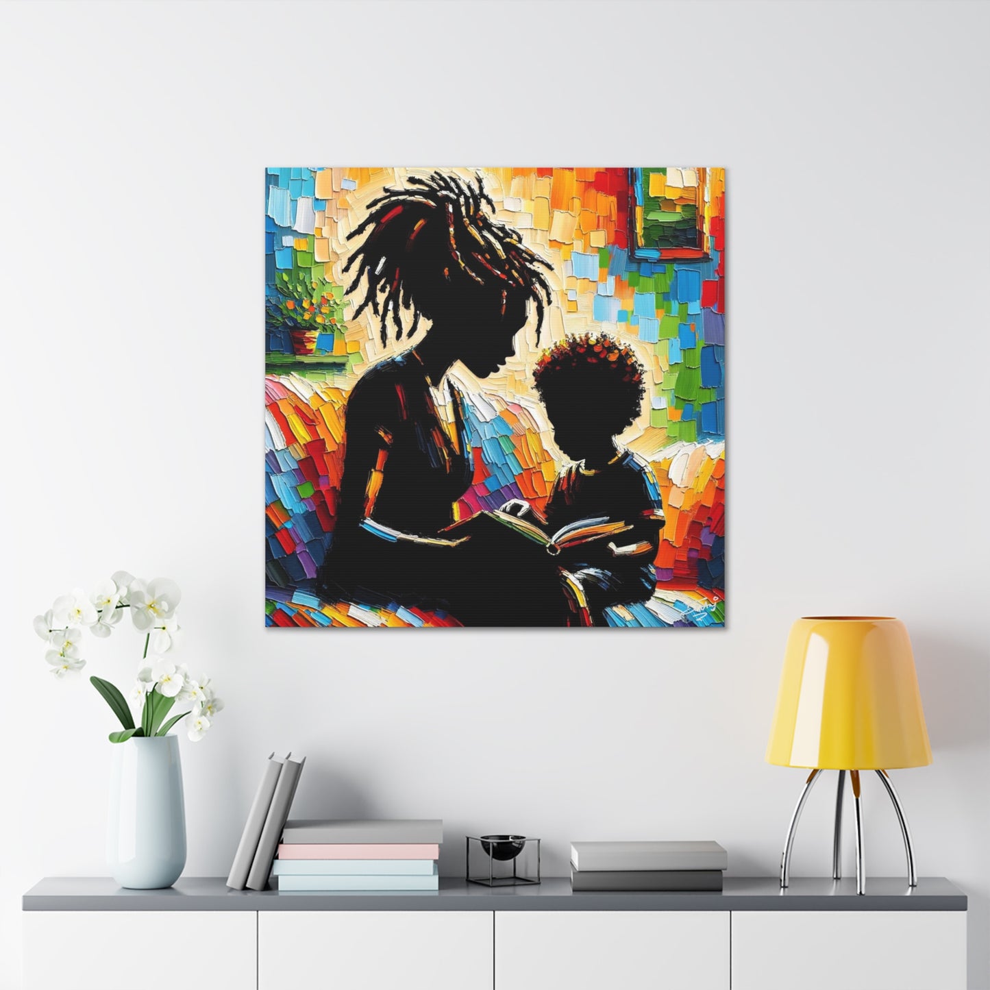 Art Print, Afro-Caribbean Mother & Son (3), Oil Finish, West Indian Ethnicity, Cultural, Heritage, Semi-Abstract, Canvas Gallery Wrap