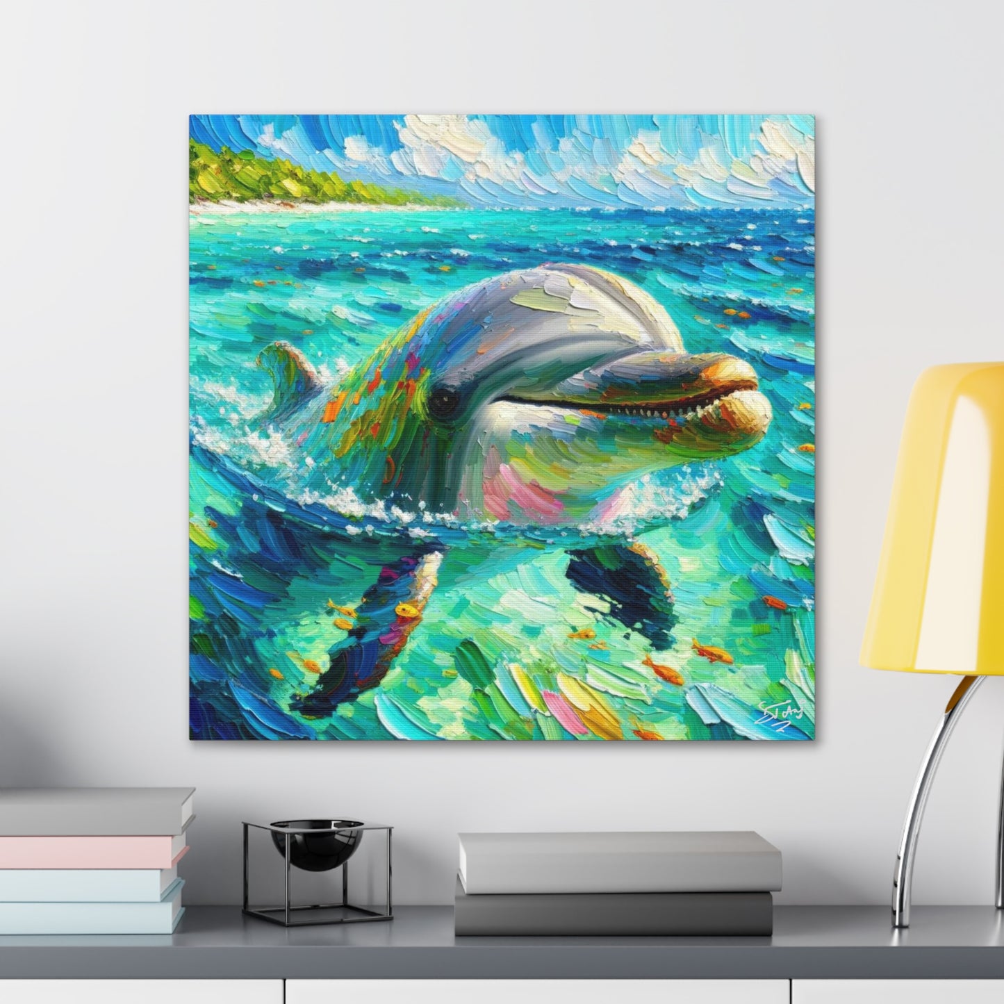 Art Print, Dolphin in Caribbean Sea, Oil Finish, Caribbean Nature, Canvas Gallery Wrap