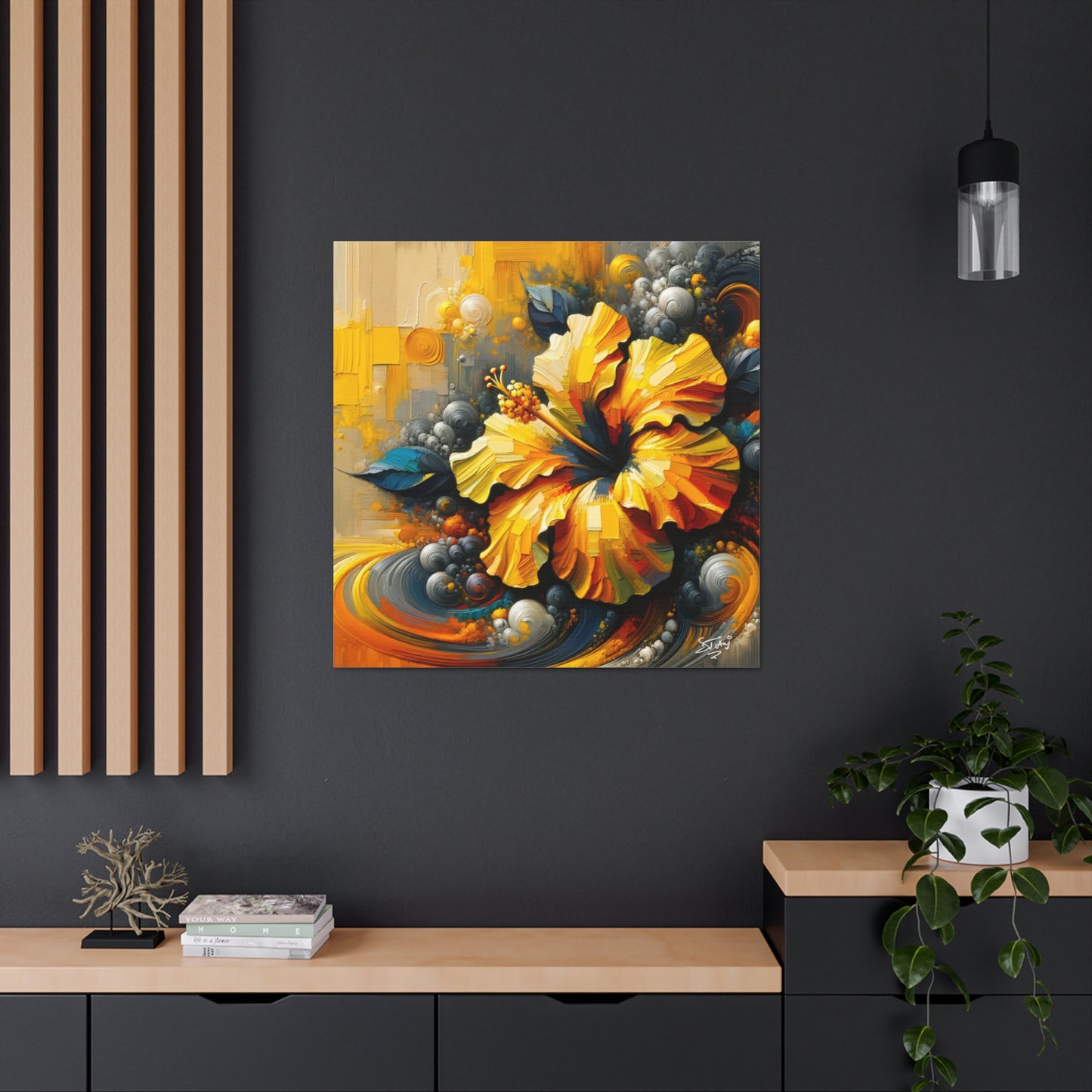 Oil Print#2 of a Yellow Hibiscus Flower, Close-up View, Semi-abstract, Caribbean, Vibrant Vivid Colors, Canvas Gallery Wraps