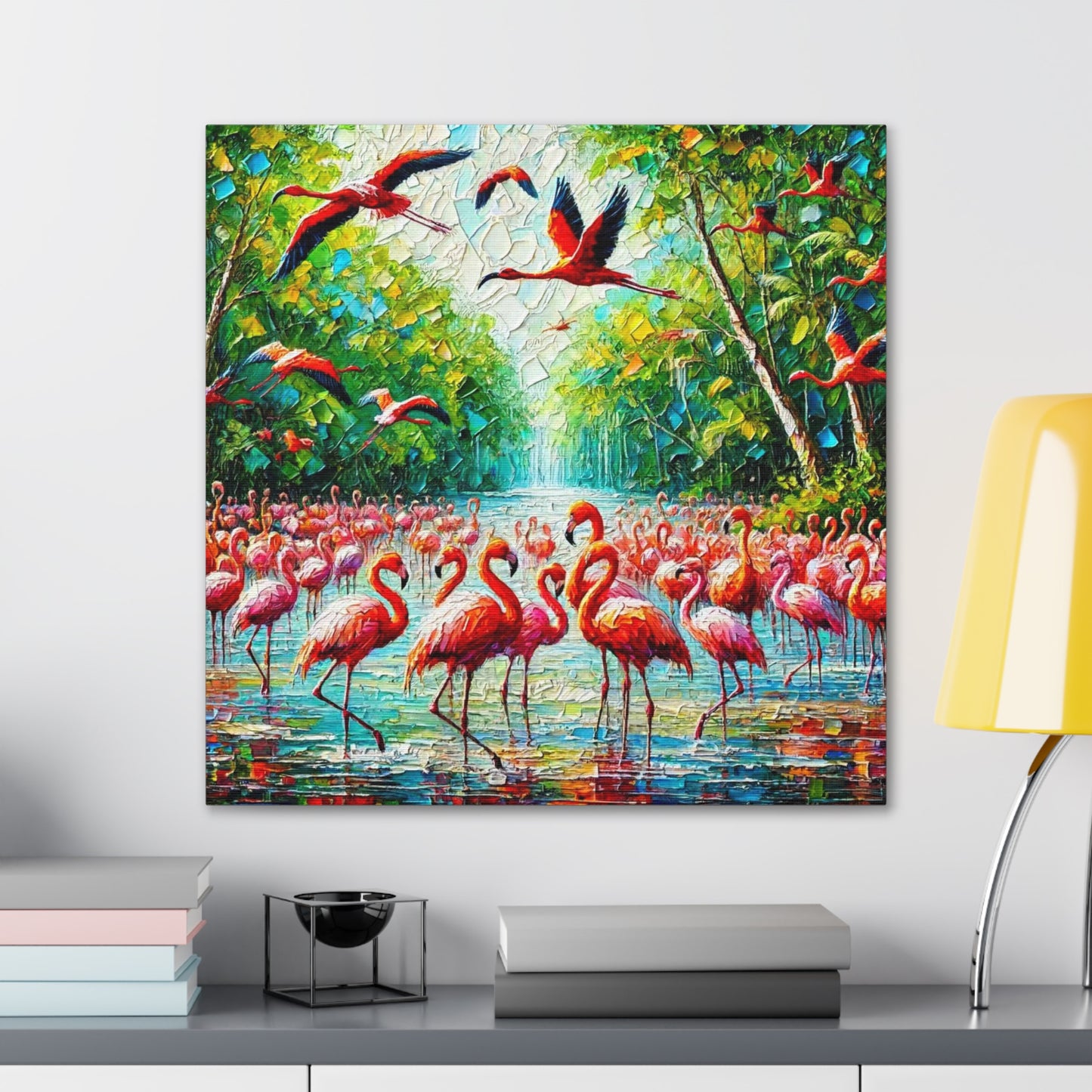 Art Print, Scarlet Ibises & Flamingos in Their Natural Mangrove Habitat in Trinidad and Tobago, Caribbean, West Indian Art, Canvas Gallery Wraps