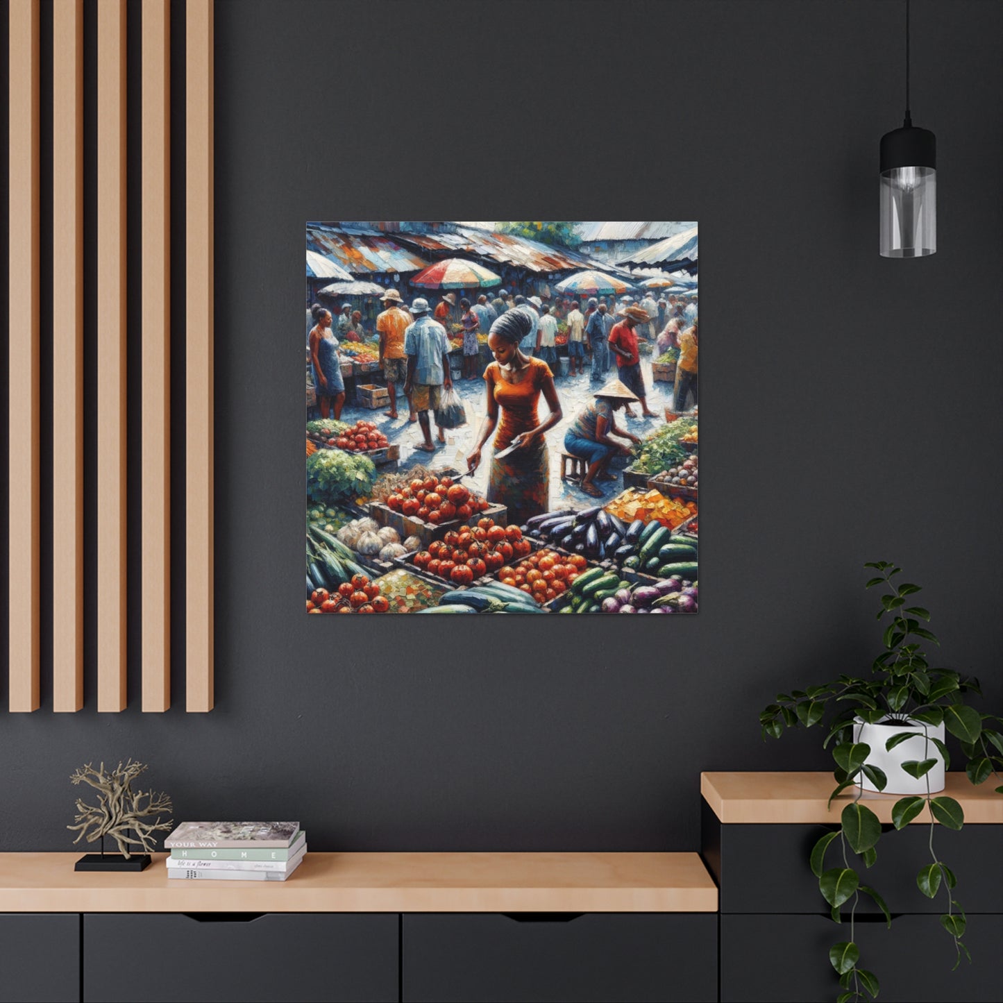 Art Print#4, "Selling at the Market", Market Scene in Trinidad, Caribbean, Oil Finish, West Indian Art, Canvas Gallery Wraps