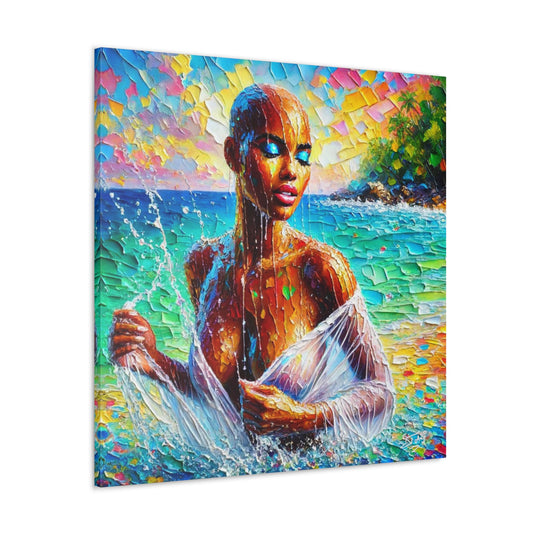 Art Print, Afro-Caribbean Woman, "Sea Bath" Abstract, Oil Finish, West Indian Ethnicity, Cultural, Heritage, Abstract, Canvas Gallery Wrap