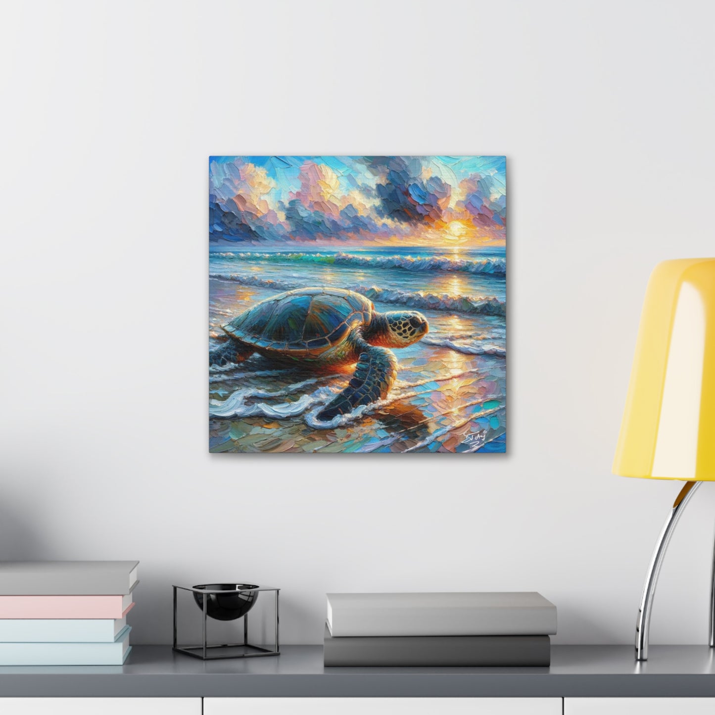 Art Print, Turtle at Sunrise, Caribbean Wildlife, Oil Finish, Caribbean Nature, Culture, Heritage, Canvas Gallery Wrap