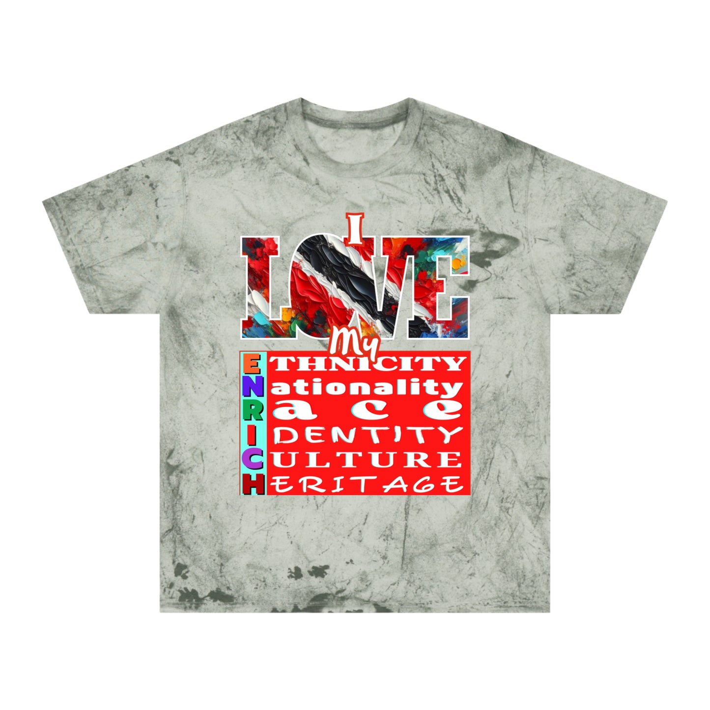 Unisex Color Blast T-Shirt "I Love My ENRICH" Trinidad Unity, Anti-Racism, One Love, Inclusion Diversity, Immigrant Outsiders, Togetherness, FashionWithPurpose, Conscious Clothing, Cultural Identity, Black Inspiration Empowerment