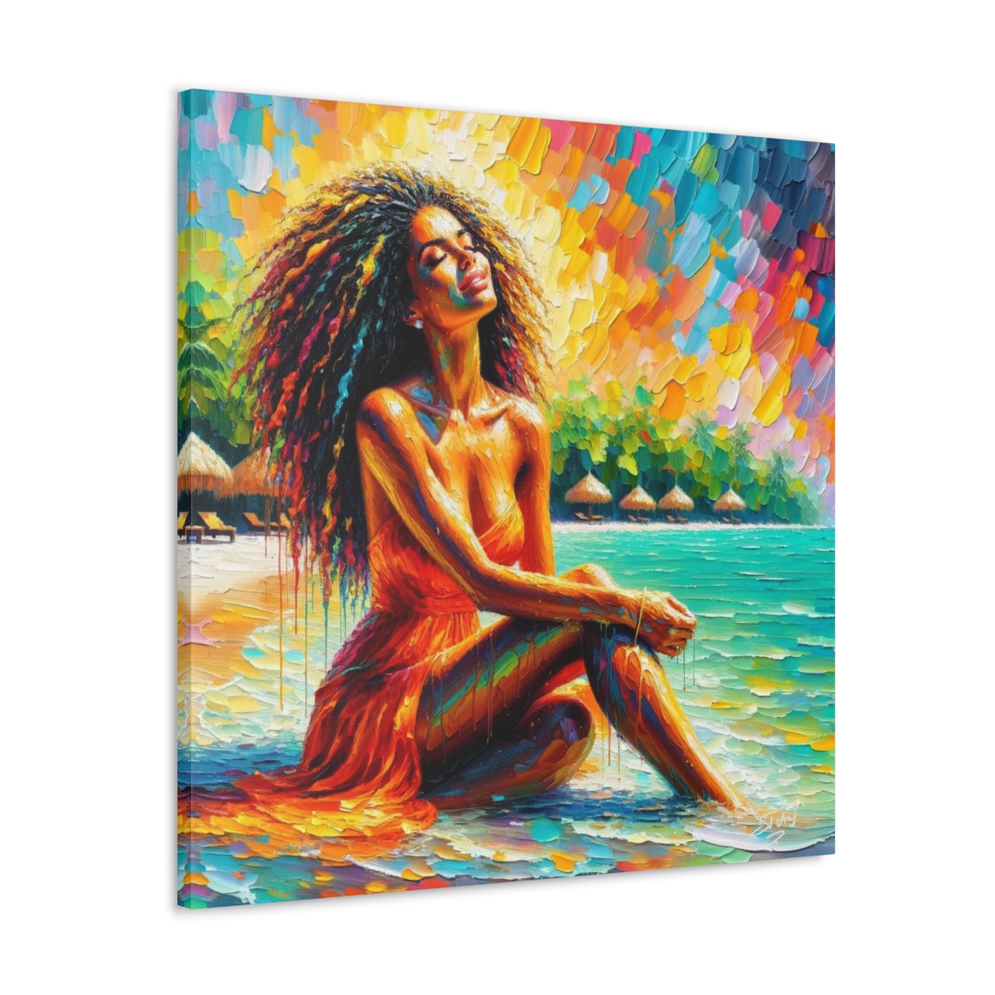 Art Print, Indo-Caribbean Woman, "Chilling on the Beach" Oil Finish, West Indian Ethnicity, Cultural, Heritage, Abstract, Canvas Gallery Wrap