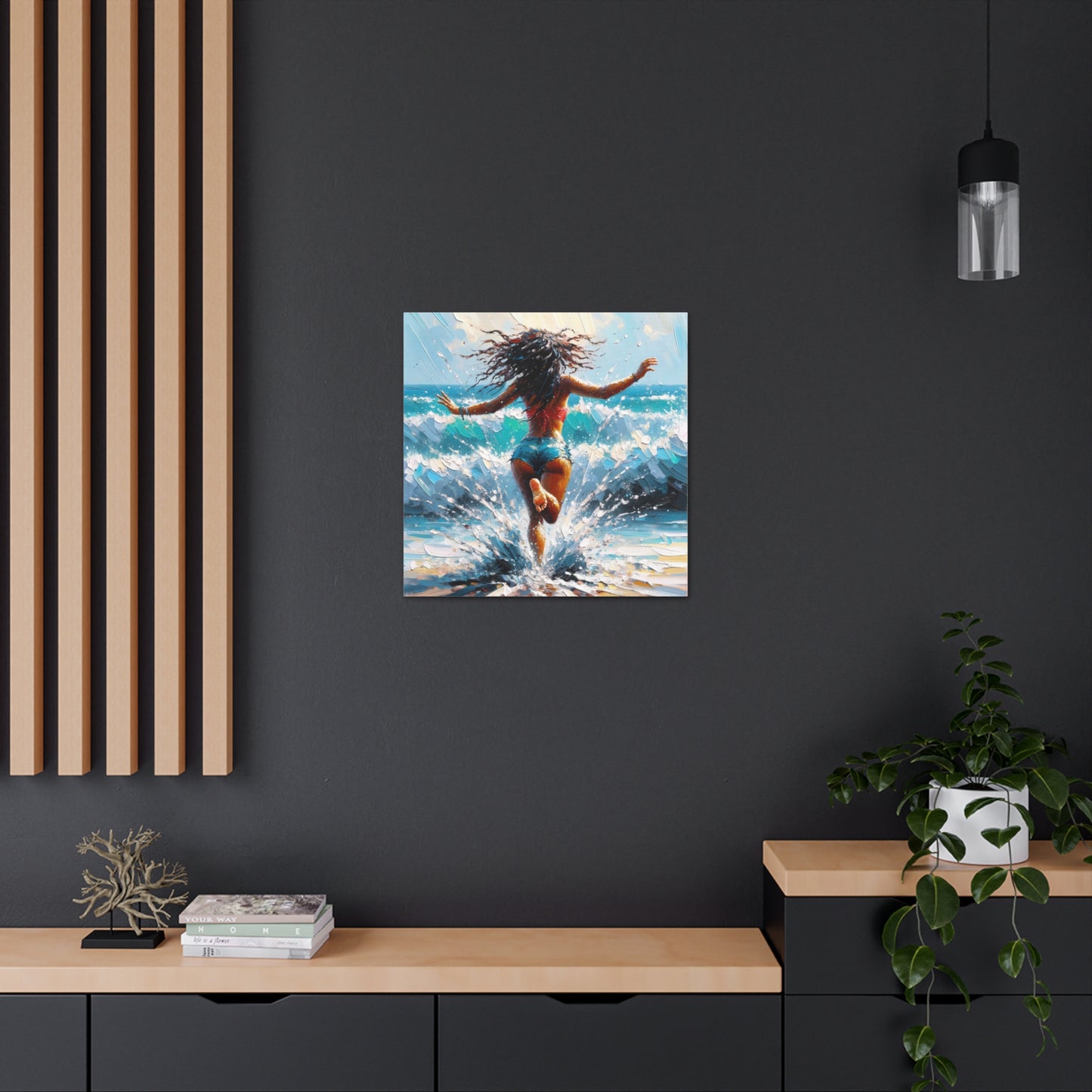 Art Print, East Indian Woman from Trinidad running into the Atlantic Ocean, Caribbean, Oil Finish, West Indian Art, Canvas Gallery Wraps