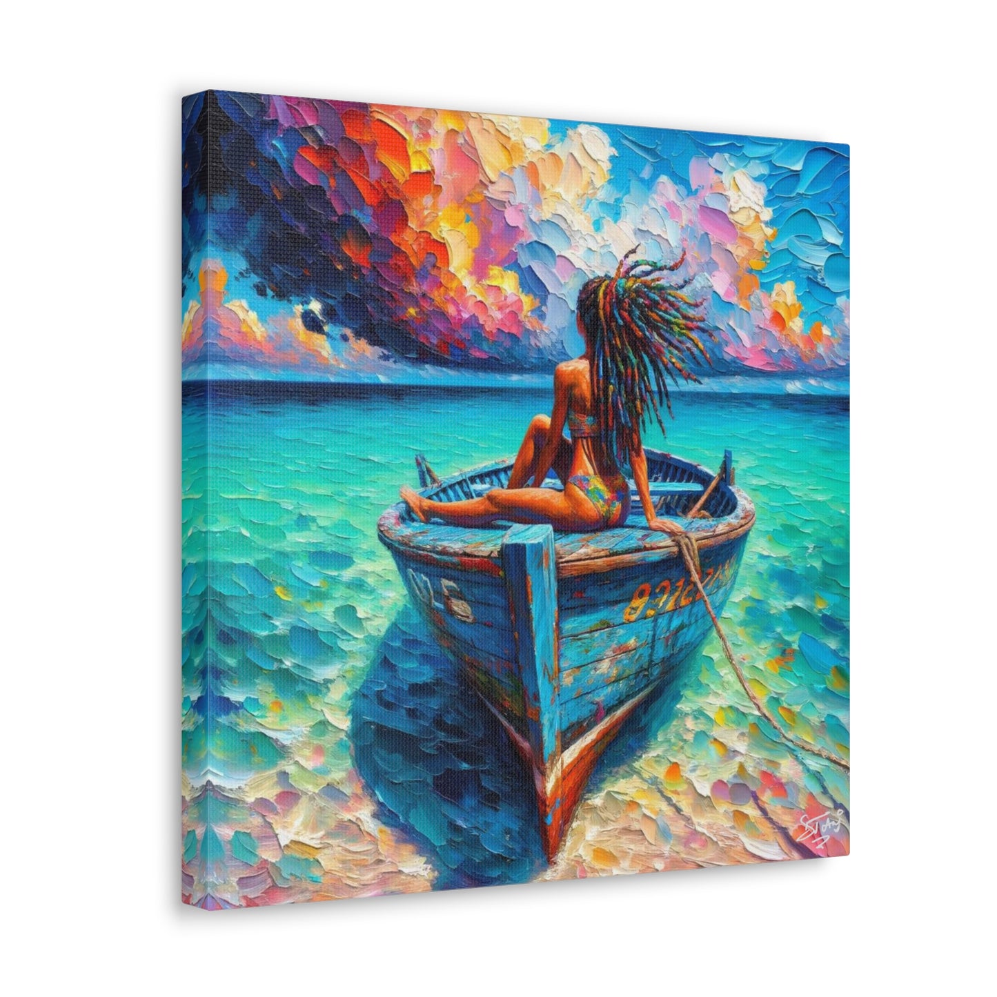 Art Print, Afro-Caribbean Woman "Chilling in the Boat (2)" Oil Finish, West Indian Ethnicity, Cultural, Heritage, Semi-Abstract, Canvas Gallery Wrap